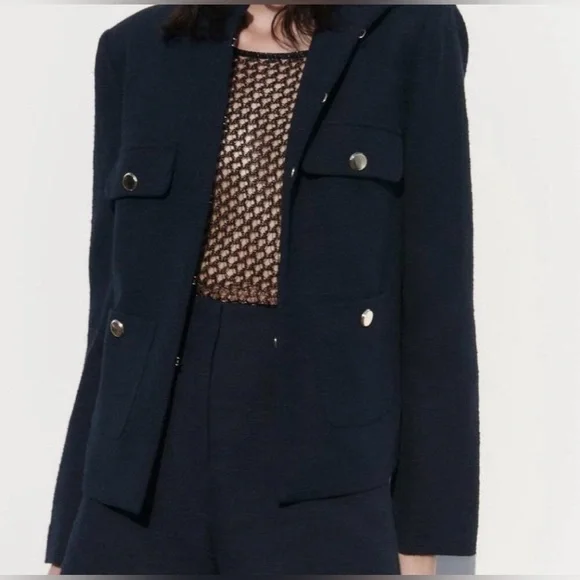 ZARA Textured High Collar Blazer Navy Blue Size M - Picture 2 of 8